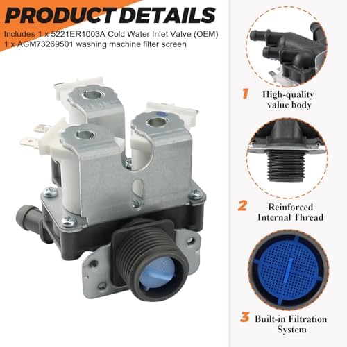 5221ER1003A 5220FR2075L OE'M Cold Water Inlet Valve by Beaquicy- Replacement for LG Tromm Kenmore Front Load Washers- 5221ER1003C 5221ER1003D Triple Solenoid Cold Water Inlet Valve Assembly - Image 2