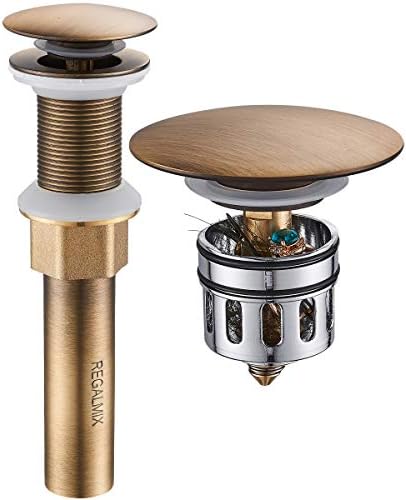 REGALMIX Antique Brass Pop UP Drain, Bathroom Vessel Lavatory Vanity Faucet Sink Stopper, Built-in Anti-Clogging Strainer, Fits Standard American Drain Hole(1-1/2" to 1-3/4"),Without Overflow RWF082S by REGALMIX