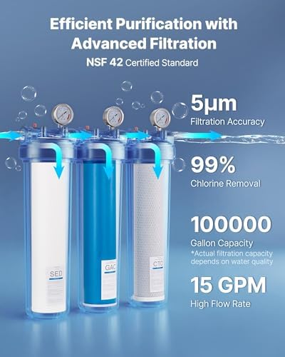 VEVOR Whole House Water Filter System, 3-Stage | Sediment, GAC, CTO | 20 x 4.5 Granular Activated Carbon Home Water Purifier Filter, Reduce Chlorine, Chemicals, VOCs, Bad Taste, Odor, Rust - Image 4