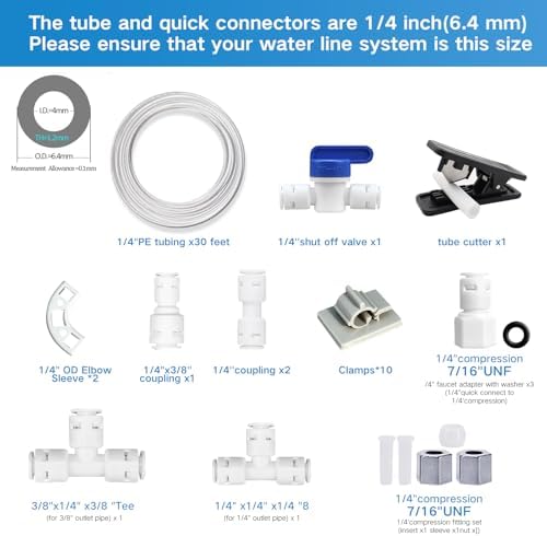 Refrigerator Water Line Kit, 1/4" OD Tubing with Quick Connect for Fridge Ice Maker RO Systems Water Filters Faucet 32.8FT - Image 3
