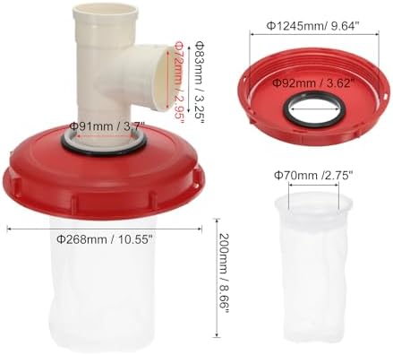 MECCANIXITY 245mm IBC Lid Filter Cover, 3-Way Plastic IBC Tote Hose Adapter 1000L Rainwater Tank Container with Washable Nylon Filter for 275 Gallon Water Tanks, Red/White - Image 2