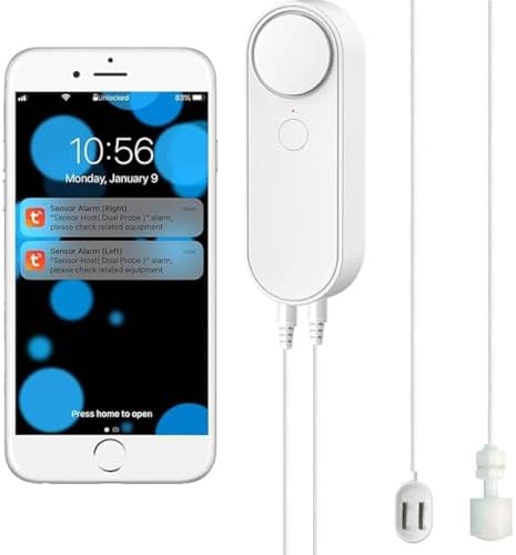 WiFi Water Leak / Water Level 2 in 1 Detector, Smart Water Sensor Alarms, Detached 16.4FT Dual Detection Line, Left and Right Dual Alarms, Remote App Monitoring, Dual Alerts, AAA Battery Powered by Tuehakny