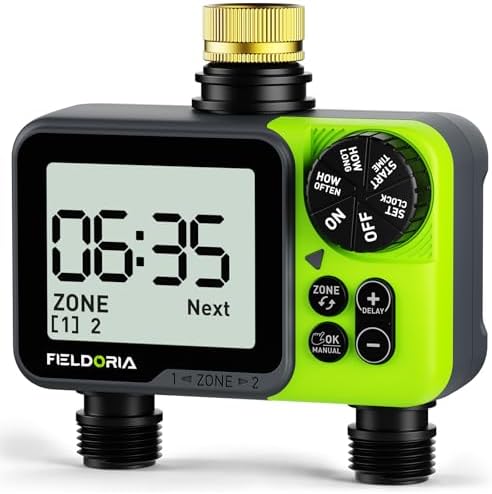 Sprinkler Timer- Hose Timer for Garden Hose, Brass Inlet Programmable Watering Timer, Rain Delay Outdoor Soaker Auto& Manual Irrigation Controller System for Yard Lawn Greenhouse, 2 Outlets by Fieldoria