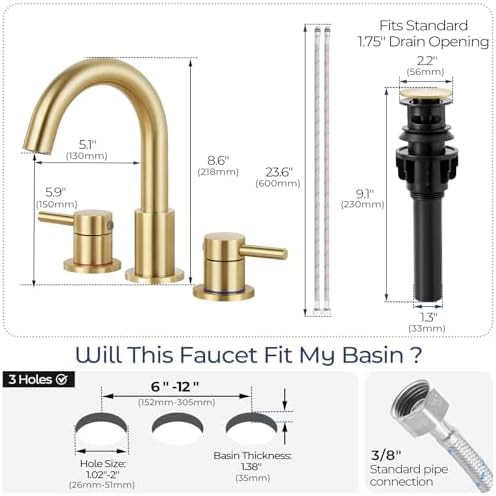 Bathroom Faucet 3 Hole Brushed Gold, 2-Handle Widespread Faucet - Image 6
