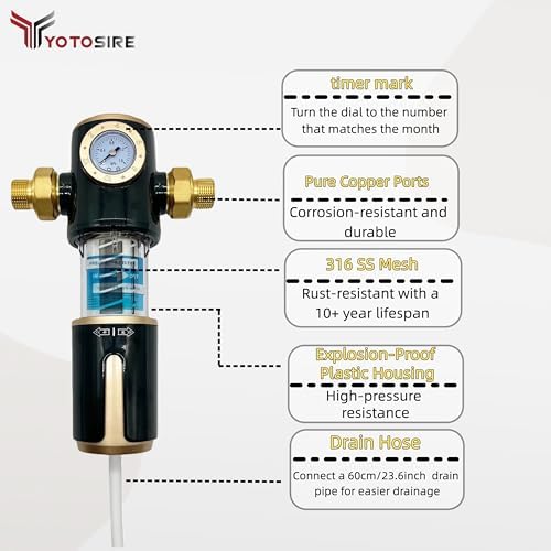 High Flow 40 Micron Spin Down Sediment Filter with Pressure Gauge, 3/4 Inch Brass NPT & PPR 20-25 Adapters, Rotatable Self-Cleaning Flush Scraper with Timer Mark, Includes 60cm Outlet Hose - Image 2