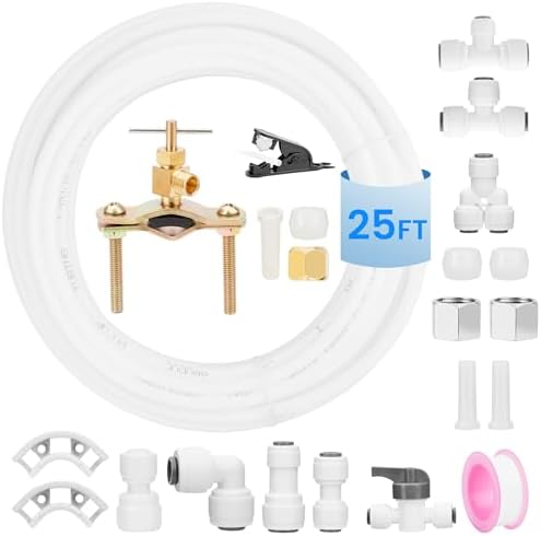 Refrigerator Ice Maker Water Line Kit, 25FT 1/4In O.D. with Self Piercing Valve and Quick Couplings for Refrigerators, Food Grade Ice Make and RO Systems by USEAMIE