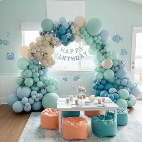 163Pcs Under The Sea Balloon Garland Arch Kit - Ocean Theme Party Decorations with Dusty Slate Blue Pastel Green Sand White Balloons for Baby Shower Birthday Under the Sea Party Decorations - Image 3