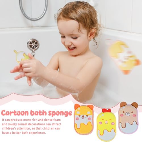 Baby and Kids Bath Loofah Sponge, Soft and Absorbent Toddler Exfoliating Body Scrubber Shower Loofa Sponge,Cute Pattern Design for Kids Baby Women Boys and Girl, 3 Pack (Bear/Dog/Chick) - Image 3