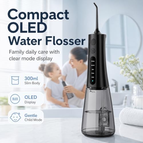 MOCEL Cordless Water Dental Flosser for Teeth, 300ML Portable Oral Irrigator with OLED Display and Child Mode, 5 Pressure Settings, 6 Tips, USB-C, IPX7 Waterproof, Braces and Family Care, Black - Image 6