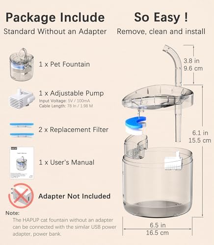 HAPUP Cat Water Fountain Animal Water Dispenser 61OZ/1.8L Automatic Pet Drinking Fountain Clear Upgrade with 2 Filter Replacement 1 Adjustable Silent 1 Water Pump for Cats Kitty Indoor - Image 6