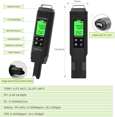 PH Meter,5 in 1TDS Meter,Salinity Tester,EC Meter,Temp,pH Meter for Water,TDS Meter Digital Water Tester,EC Meter Hydroponics,pH Tester Digital PPM Meter,Pool Salt Tester. - Image 7