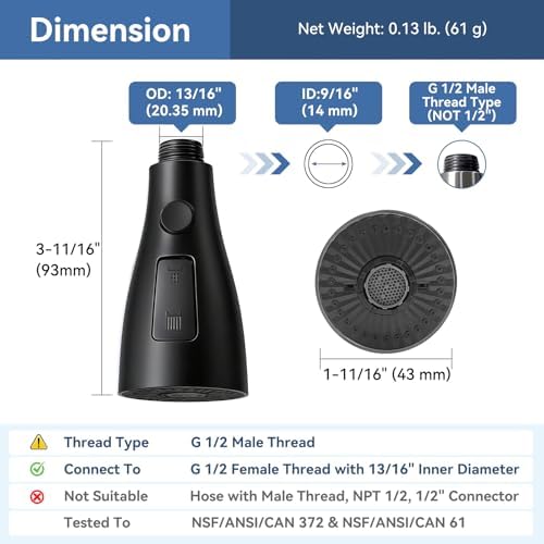 Kitchen Faucet Head Replacement with 3 Modes, Pull Down Spray Head for Kitchen Faucet, Kitchen Sink Sprayer Replacement Compatible with Moen, American Standard, Kohler Faucets - Image 2