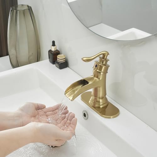 BWE Solid Brass Brushed Gold Waterfall Bathroom Faucet for Modern & Classic - Image 7