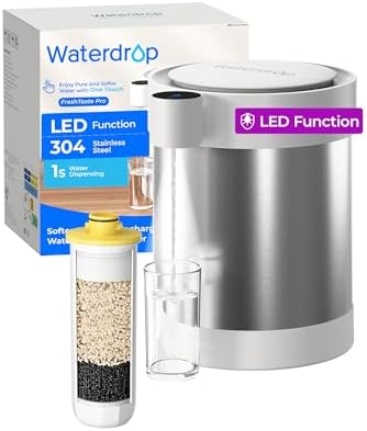 Waterdrop ED09W Rechargeable Non-Gravity Water Filter System with LED Function, Reduces 70+ Contaminants, Lead, Chlorine, 5-Stage Stainless Steel Filtration System, 22-Cup by Waterdrop