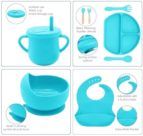 100% Silicone baby feeding set,BPA free Baby dishes set with Suction Bowl Divided Plate,Toddler Self Feeding Dish Set with Spoons Forks Sippy Cup And Bib, Baby Eating Utensils (Cyan Blue) - Image 4