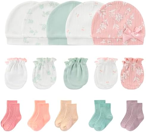 MAMIMAKA Newborn Baby Boy Girl Caps Mittens Socks Set Cotton Baby Essentials Accessories (Hats+Gloves+Socks) by MAMIMAKA