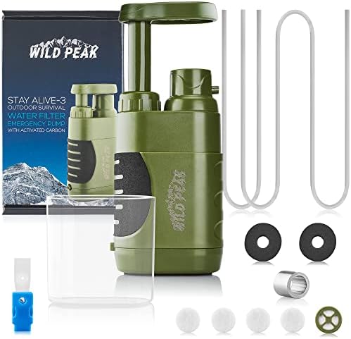 Wild Peak Stay Alive-3 Outdoor Tactical 4-Stage Water Filter Emergency Pump with Activated Carbon for Survival, Camping, Hiking, Climbing, Backpacking (5000 Liters) by Wild+Peak