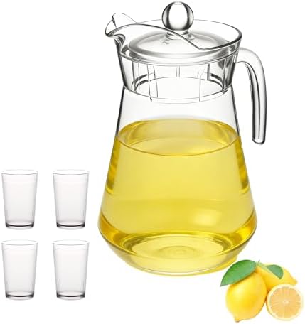 Plastic Juice Pitcher with Lids & cups, 50 oz Large Capacity, Shatterproof & BPA-Free Water Jug for Tea, Lemonade, Sangria, Juice, Beverages by WELKORCateringEquipment