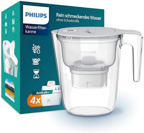 Philips - Water Filter jug + 4 Replacement Filter cartridges Softening + Up to 50% Reduction in Water Hardness, Fast Flow, White, 2.6 litres, Electronic Timer (Packaging May Vary) by Unknown