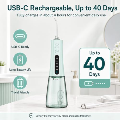 MOCEL Water Dental Flosser, Cordless Portable Oral Irrigator with OLED Display, 300ml Water Tank, 5 Cleaning Modes, 6 Jet Tips, IPX7 Waterproof Rechargeable Teeth Cleaner for Travel, Braces Green - Image 4