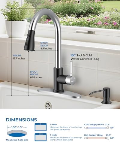 WEWE Kitchen Faucet with Soap Dispenser Set, Pull-Down, Black and Chrome - Image 2