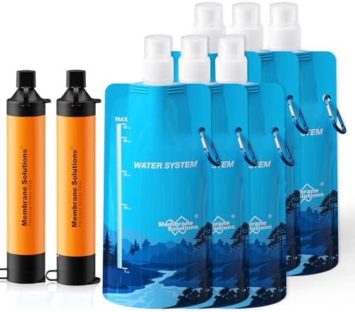 Membrane Solutions Squeezable Water Filtration System, Survival Water Purifier Kit, Portable Backpacking Gear Including Water Filter Straw and 23oz Collapsible Bottle for Hiking Camping Travel(2+6) by MembraneSolutions
