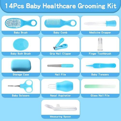 Baby Healthcare and Grooming Kit, 14 in 1 Baby Safety Set Newborn Nursery Health Care Set with Hair Brush Scale Nail Clippers for Baby Girls Boys (Blue 14 in 1) - Image 2