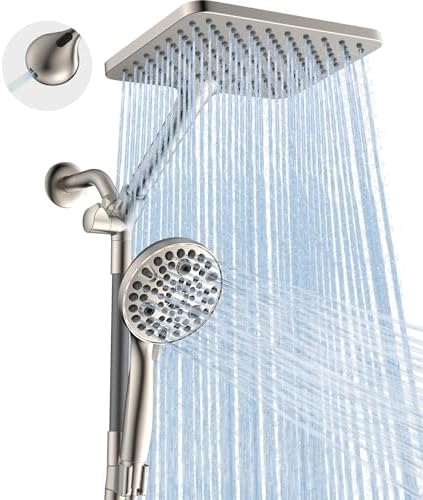 Dual Handheld Shower Head Combo, 2-in-1 Rain Shower Heads System Wide Rainfall Shower Head and 10 Modes High Pressure Hand Held Showerhead with Built-in Power Wash - Brushed Nickel by MakeFit