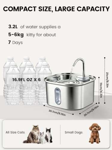Cat Water Fountain Stainless Steel for Cats Indoor 2.5L 85oz by BPA-free SUS304, Effective 6-Layer Filter Cat Fountain for Drinking 20dB Ultra Quiet Metal Pet Water Fountain (Fountain108oz+Filter+Mat) - Image 4