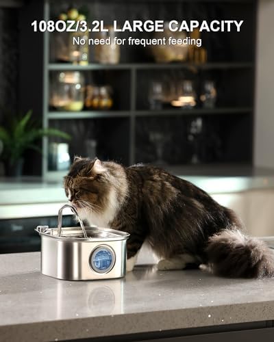 Cat Water Fountain Stainless Steel: 108oz/3.2L Automatic Pet Water Fountain - Dog Water Dispenser with Water Level Window - for Cats Inside with 8 Replacement Filters and 8 Sponges - Image 4