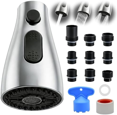 Kitchen Faucet Head Replacement, 3-Function Pull Down Spray Head with 9 Adapters, Sink Faucet Spray Head Compatible with Moen, Delta, American Standard Faucet, etc, Chrome by Unknown
