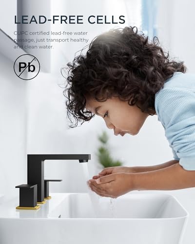 FORIOUS Widespread Black and Gold Bathroom Faucet Square, 8 in Black Faucet - Image 5