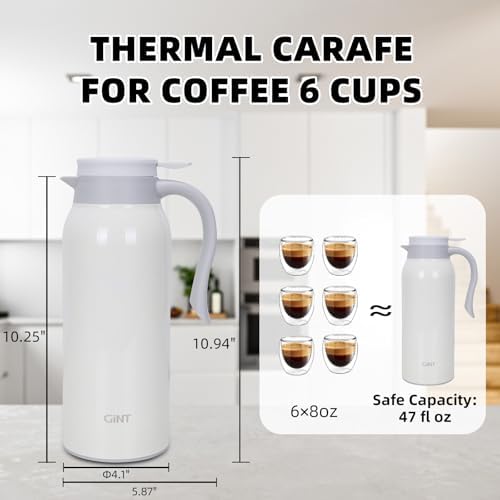 GiNT 51 Oz Stainless Steel Thermal Coffee Carafe, Double Walled Vacuum Insulated Flask, 12 Hour Heat Retention, 1.5 Liter Tea, Water, and Coffee Dispenser (Upgraded version White) - Image 3