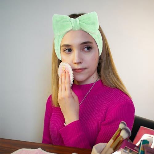 Ondder Green Spa Terry Cloth Skincare Headbands for Women - 8 Pcs Makeup Bow Hair Bands for Face Washing and Skin Care - Image 3