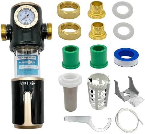 High Flow 40 Micron Spin Down Sediment Filter with Pressure Gauge, 3/4 Inch Brass NPT & PPR 20-25 Adapters, Rotatable Self-Cleaning Flush Scraper with Timer Mark, Includes 60cm Outlet Hose by Unknown
