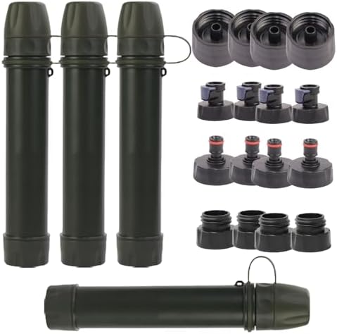 4 Pack Survival Water Filter Straw for Hiking & Camping, 2025 Personal Portable Water Purifier, 3000L Long Life, Includes Bottle & Hydration Bladder Adapters (4, Dark Green, 3x3x19.3cm) by Unknown