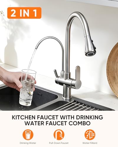 Kitchen Faucet with Water Filter Spout — 2-in-1 Brushed Nickel Pull-Down Sink Faucet, NSF-Certified Filtered Water Tap, Single-Handle with Detachable Deck Plate Fits 1 or 3 Hole by OWOFAN - Image 2