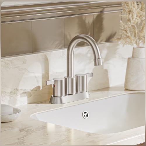 Phiestina Brushed Nickel 4 Inch 2 Handle Centerset Lead-Free Bathroom Sink Faucet, with Copper Pop Up Drain and Water Supply Lines,BF015-1-BN - Image 3