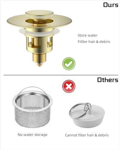 Hibbent 2 Pack All Metal Universal Bathroom Sink Stopper for 1.1''~2.3'' Basin, Pop Up Sink Drain Strainer, Brass Core Push Type Stopper, Stainless Steel Anti Clogging Drain Filter, Brushed Gold - Image 3