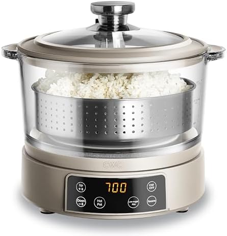 COOK WITH COLOR Glass Mini Low Carb Rice Cooker – Holds 2 Cups Raw/Makes 6 Cups Cooked with Auto Lift Filter Basket, Hotpot & Steamer for Rice, Grains, Digital Panel with Keep Warm, Greige by CookwithColor