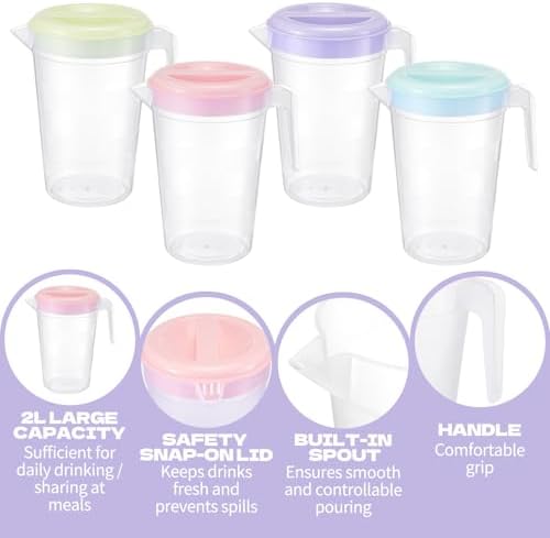 8 Pcs Plastic Pitcher with Lid & Handle, 2Qt Clear Water Pitcher Set, Round Beverage Pitchers with Easy Pour Spout for Water, Iced Tea, Party, Picnic, Camping and Home (4 Colors) - Image 3