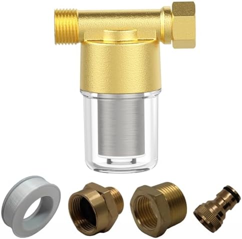 40 Micron Brass Inline Spin Down Sediment Water Filter for Washer, Washing Machine, Shower, Well Water, with 3/4" GHT +1/2" NPT Adapter + 3/4" GHT Female Garden Hose Faucet Nozzle Connector (Brass) by Unknown