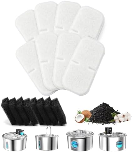 Cat Water Fountain Filter Replacement: 8 Carbon Filters & 8 Foam Sponges Kitty Spout Pump Filters for 108Oz/3.2L & 67Oz/2L Stainless Steel Pet Water Dispenser Cat Dog by Unknown