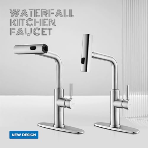 WEWE Waterfall Kitchen Faucet, Pull-Down Sprayer, Brushed Nickel, 3-Mode - Image 2