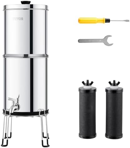 VEVOR Gravity-fed Water Filter System, 2.25G 304 Stainless-Steel Countertop Water Filtration System, Reduces Lead and up to 99% of Chlorine, with 2 Carbon Filters/Spigot/Stand, for Home Camping RV by VEVOR