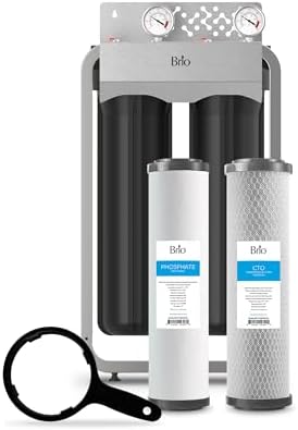 Brio Whole House Water Filter System w/Gauges | 2 Stage Fast-Flow Filtration (Phosphate Anti-Scale, CTO Carbon Block) 4.5" x 20" Filters | Improves Taste, Protects Home Appliances & Shower | 900 GPH by Brio
