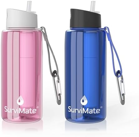 SurviMate Purified Water Bottle for Camping, Hiking, Backpacking and Travel, BPA Free with 5-Stage Intergrated Filter Straw by SurviMate