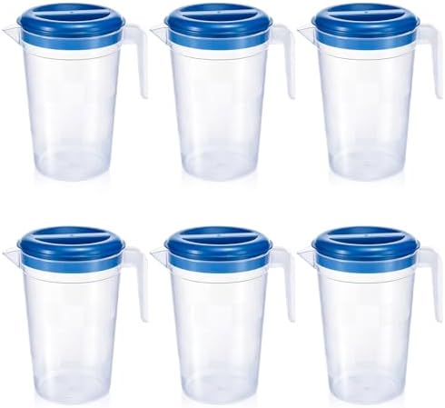 Honeydak 6 Pcs Clear Plastic Pitcher with Lid Handle,70 Oz,Dark Blue by Honeydak