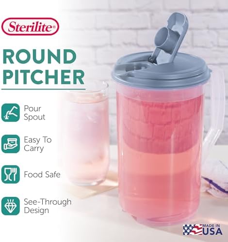Sterilite 2 Quart Clear Round Plastic Pitcher, Dishwasher Proof with Blue Lid, Spout, and Handle for Easy Pouring, Washed Blue, 18-Pack - Image 2
