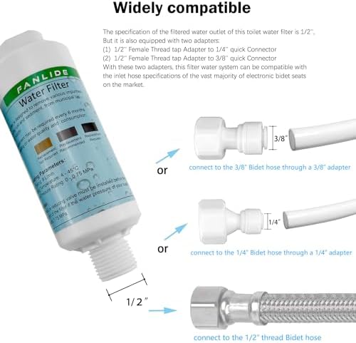 FANLIDE Bidet water filter for electronic bidet seats, Toilet water filter system, compatible with 1/2" 1/4" 3/8" Bidet hose (2 Filters + 2 Adapter) - Image 4